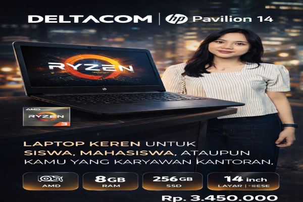 HP PAVILION 14 , TYPE BARU BODY SLIM, PROSESOR AMD RYZEN 3 MEMORY RAM 8 GB STORAGE SSD 256 GB DISPLAY 14 INCH MULUS , WARNAH HITAM , LECET SDIKIT ,